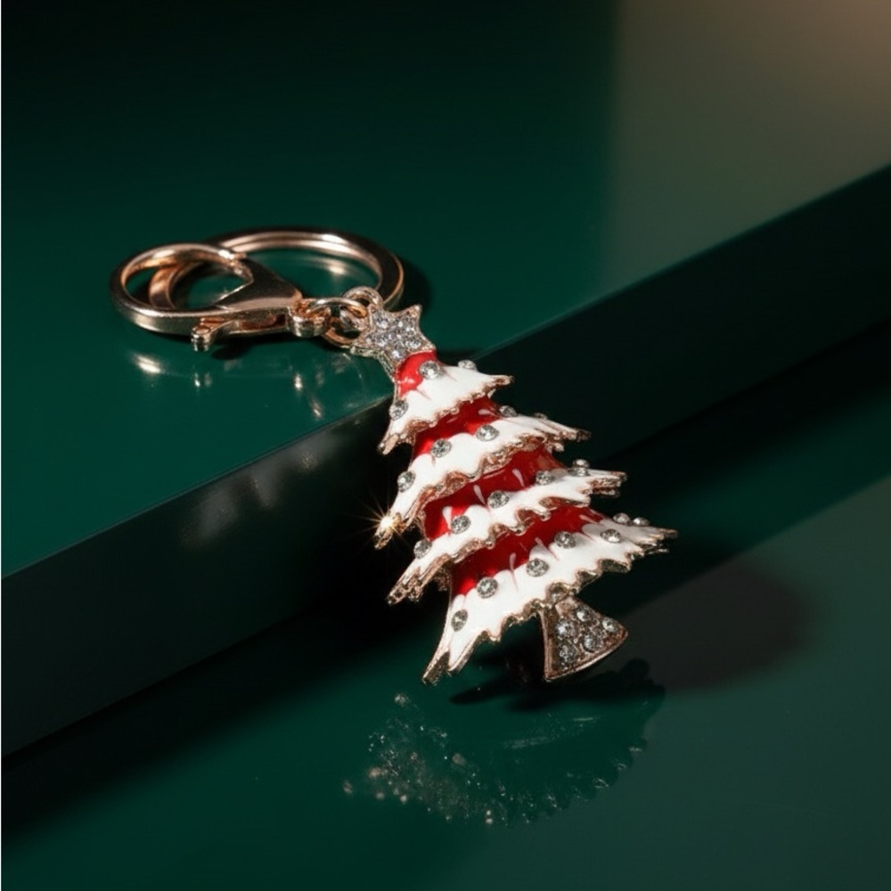 Festive Red and White Christmas Tree Keychain